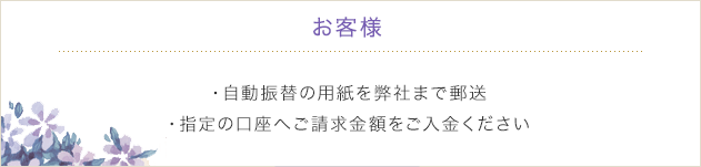 お客様　・自動振替の用紙を弊社まで郵送・指定の口座へご請求金額をご入金ください