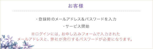 お客様　・登録時のメールアドレス&パスワードを入力・サービス開始※ログインには、お申し込みフォームで入力されたメールアドレスと契約後に発行されるパスワードが必要になります。